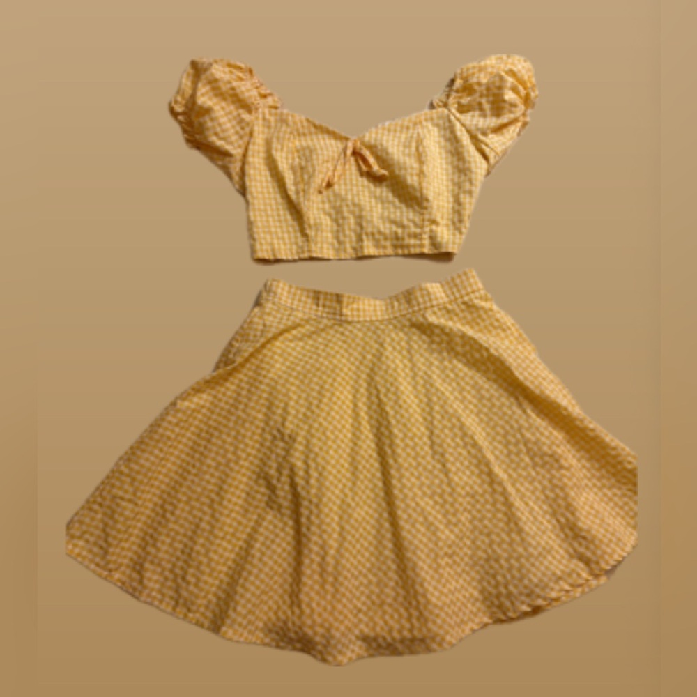 Vintage Gingham Yellow Two Piece Dress (Skirt + Puff Sleeve Top)